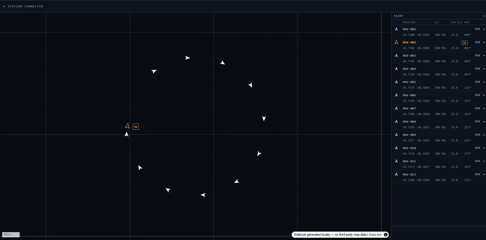 Meridian console showing twelve aircraft on a dark basemap, one marked stale in amber with a nine-second age counter